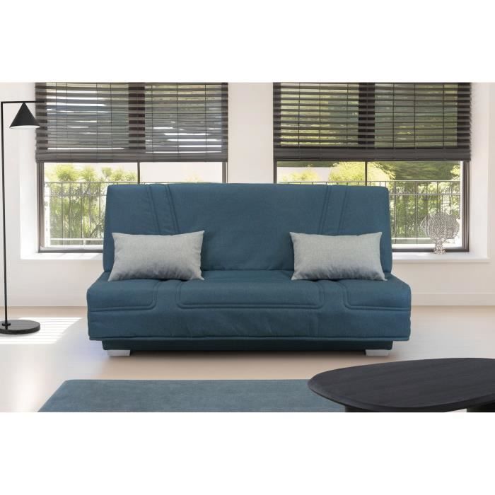 COMFORT BULTEX Banquette clic-clac - 3 places - Tissu bleu + Coussins déco gri