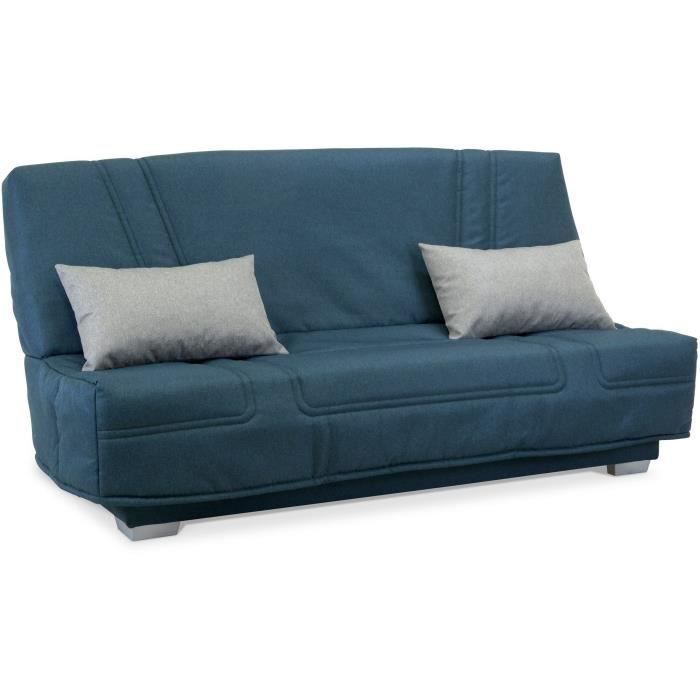 COMFORT BULTEX Banquette clic-clac - 3 places - Tissu bleu + Coussins déco gri