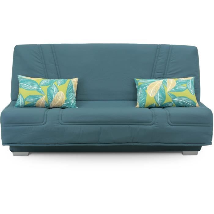 COMFORT BULTEX Banquette clic-clac - 3 places - Tissu bleu + Coussins déco Jungle