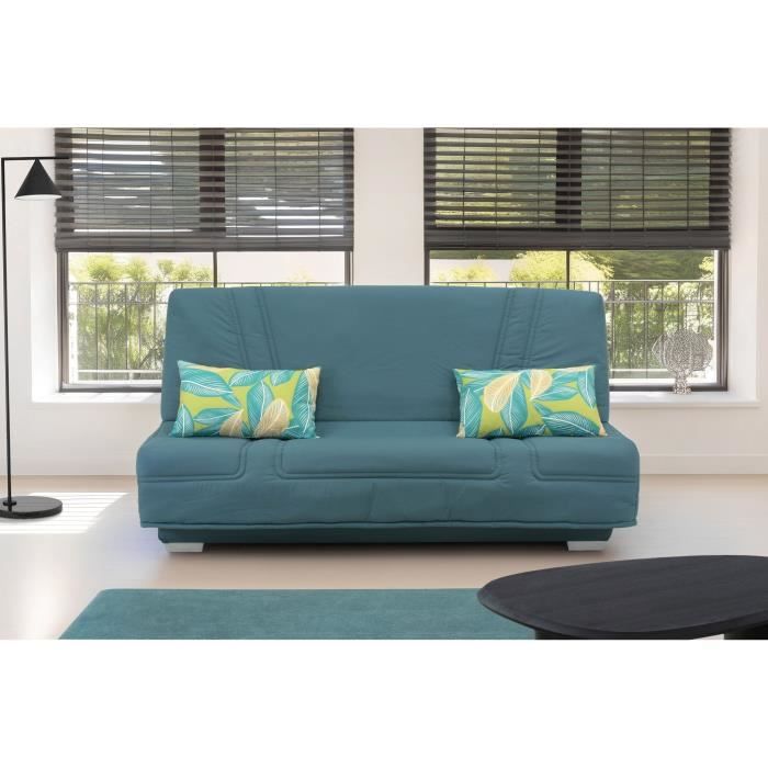 COMFORT BULTEX Banquette clic-clac - 3 places - Tissu bleu + Coussins déco Jungle