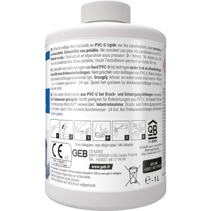 Colle PVC Gel Plus - GEB - Pour PVC rigide pression et évacuation - 1 L