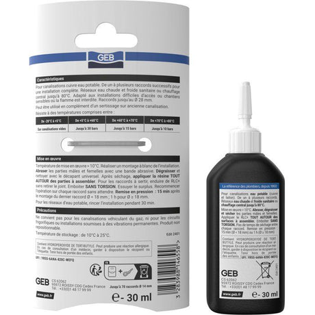 RLC + Résine pour raccordement laiton, cuivre sans flamme - GEB - 30 ml