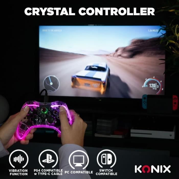 Konix - Manette sans fil Crystal Nintendo Switch, Switch OLED, PC et PS4