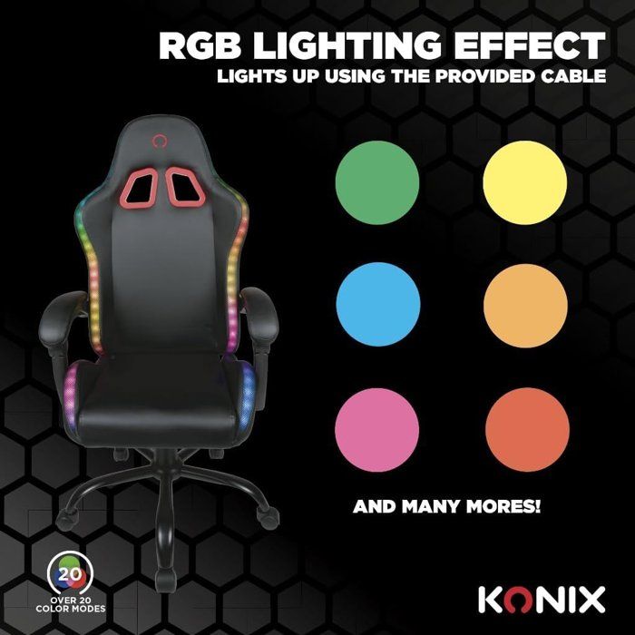 Chaise de bureau gaming - KONIX - Phantom - Éclairage RVB - Inclinaison 135° - Synthétique - Coussin lombaires et cervicaux - Noir