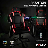 Chaise de bureau gaming - KONIX - Phantom - Éclairage RVB - Inclinaison 135° - Synthétique - Coussin lombaires et cervicaux - Noir