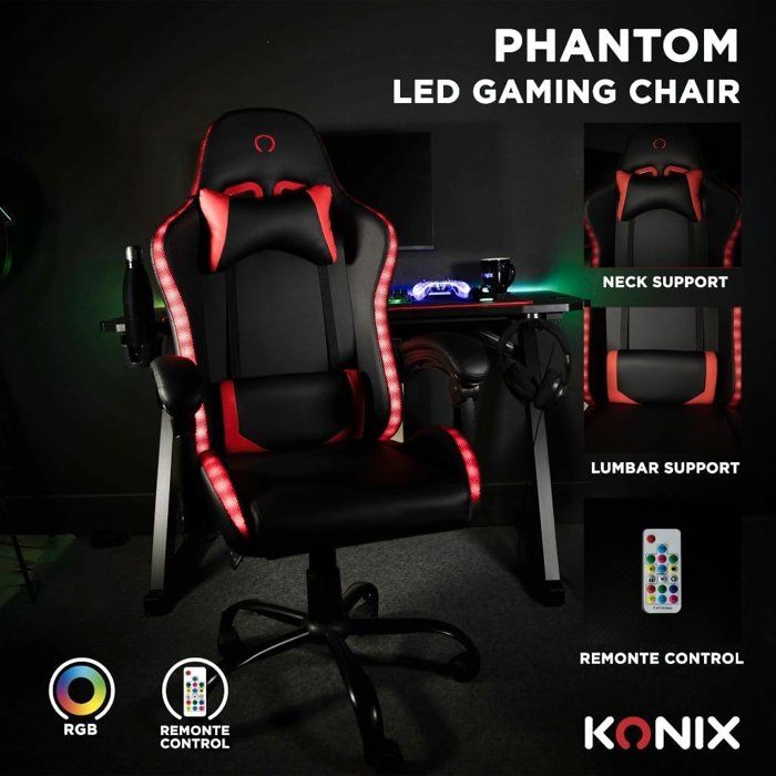 Chaise de bureau gaming - KONIX - Phantom - Éclairage RVB - Inclinaison 135° - Synthétique - Coussin lombaires et cervicaux - Noir