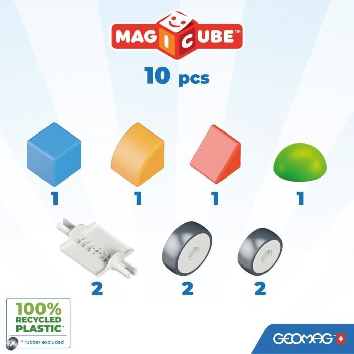Blocs magnétiques - GEOMAG - Magicube 308 - 10 pieces - Formes variées - Véhicules - Plastique recyclé