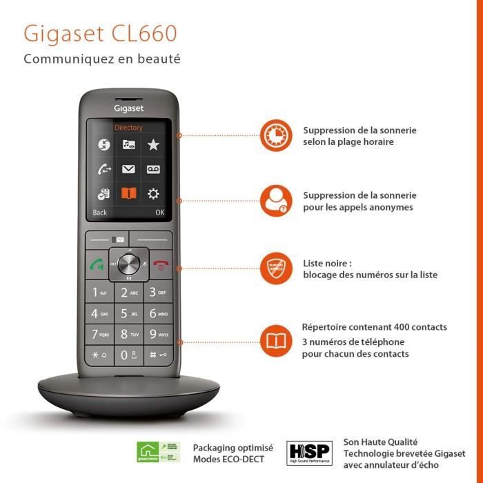 Téléphone Fixe sans fil - GIGASET CL 660 Duo Anthracite - Écran couleur rétroéclairé - Répertoire 400 contacts