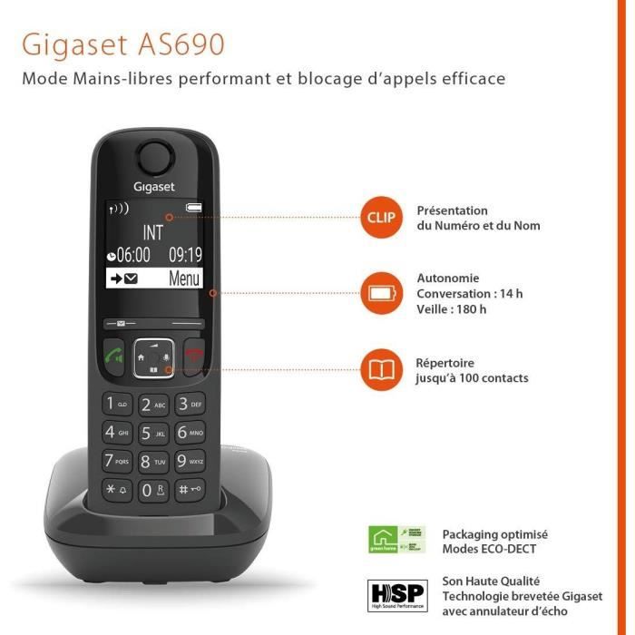 GIGASET Téléphone Fixe AS690 Noir