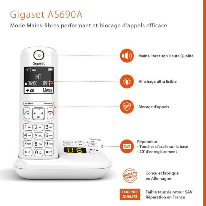 Téléphone Fixe AS690 A Blanc - GIGASET - Sans fil avec répondeur - Mains libres - ID d'appelant