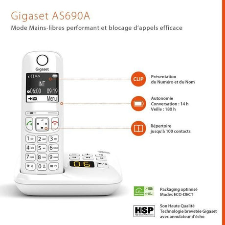 Téléphone Fixe AS690 A Blanc - GIGASET - Sans fil avec répondeur - Mains libres - ID d'appelant