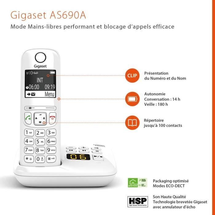 Téléphone Fixe AS690 A Blanc - GIGASET - Sans fil avec répondeur - Mains libres - ID d'appelant