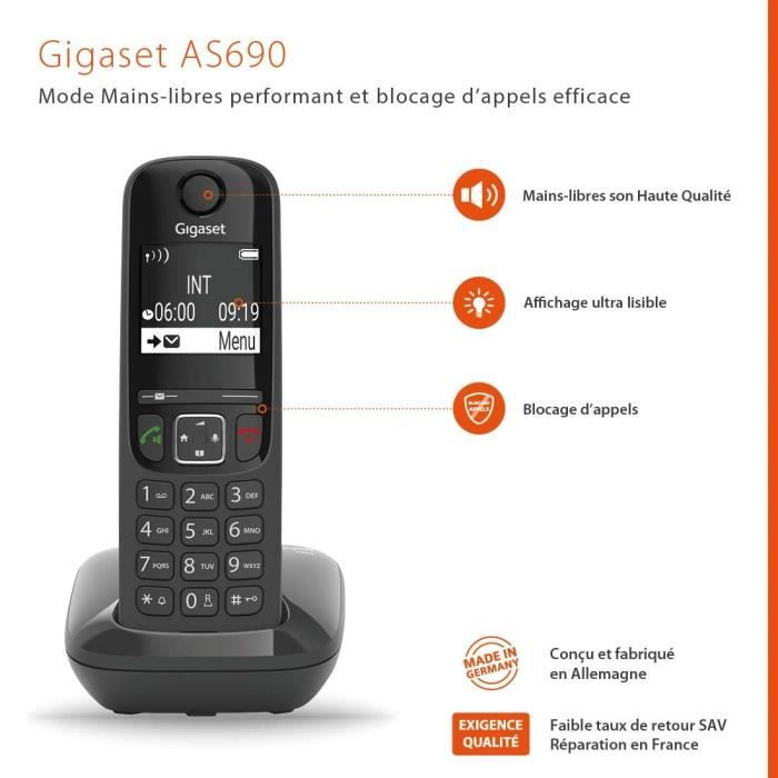 Téléphone Fixe AS690 Trio Noir - GIGASET - Mains-libres performant HSP™ - Blocage d'appels efficace