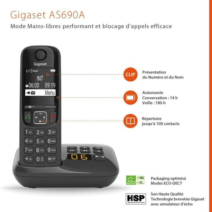 GIGASET Téléphone Fixe AS690 A Quattro Noir