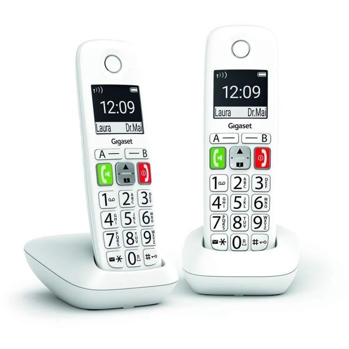 Téléphone Fixe sans Fil - GIGASET - E290 Duo Blanc - Grand écran - Larges touches - Audio Boost