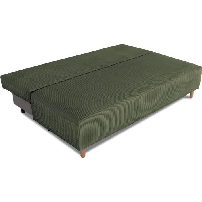Canapé droit convertible 3 places GINO - Velours côtelé kaki - Avec coffre - L 195 x H 89 x P 91 cm
