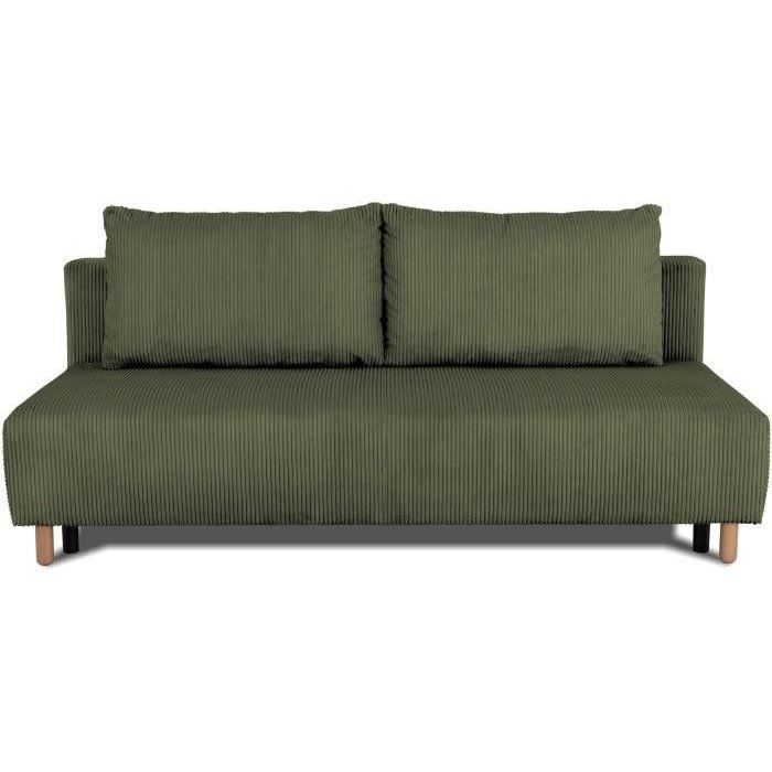 Canapé droit convertible 3 places GINO - Velours côtelé kaki - Avec coffre - L 195 x H 89 x P 91 cm