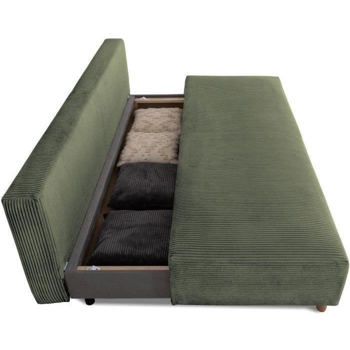 Canapé droit convertible 3 places GINO - Velours côtelé kaki - Avec coffre - L 195 x H 89 x P 91 cm