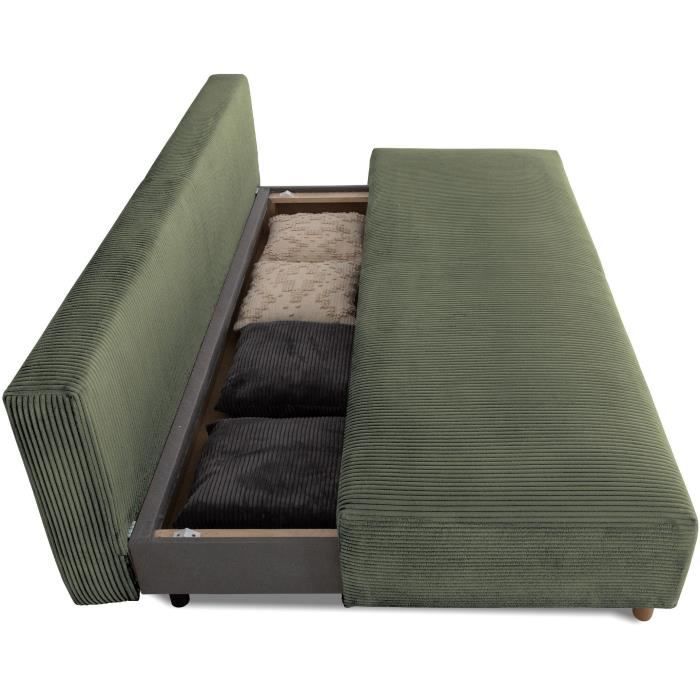 Canapé droit convertible 3 places GINO - Velours côtelé kaki - Avec coffre - L 195 x H 89 x P 91 cm