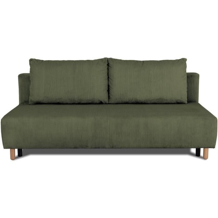 Canapé droit convertible 3 places GINO - Velours côtelé kaki - Avec coffre - L 195 x H 89 x P 91 cm