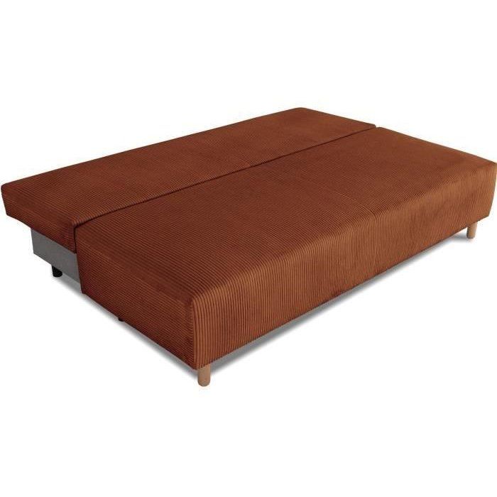 Canapé droit convertible 3 places GINO - Velours côtelé terracotta - Avec coffre - L 195 x H 89 x P 91 cm