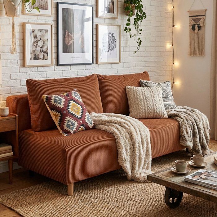 Canapé droit convertible 3 places GINO - Velours côtelé terracotta - Avec coffre - L 195 x H 89 x P 91 cm