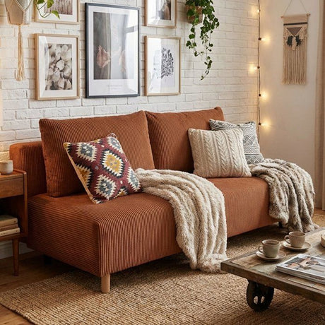 Canapé droit convertible 3 places GINO - Velours côtelé terracotta - Avec coffre - L 195 x H 89 x P 91 cm