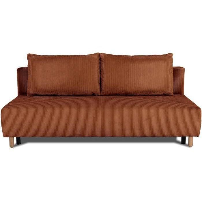 Canapé droit convertible 3 places GINO - Velours côtelé terracotta - Avec coffre - L 195 x H 89 x P 91 cm