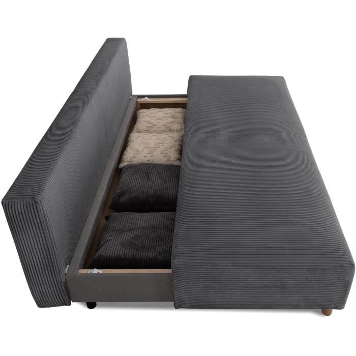 Canapé droit convertible 3 places GINO - Velours côtelé anthracite - Avec coffre - L 195 x H 89 x P 91 cm