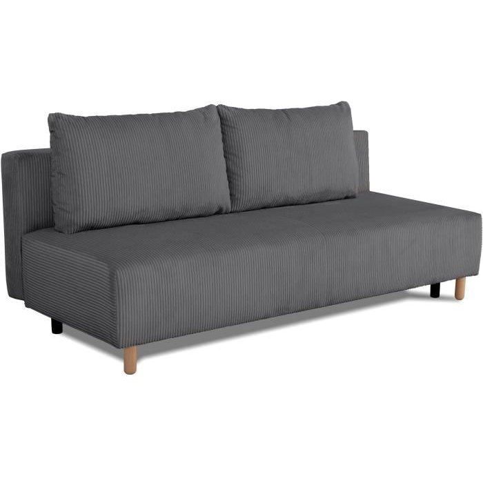 Canapé droit convertible 3 places GINO - Velours côtelé anthracite - Avec coffre - L 195 x H 89 x P 91 cm