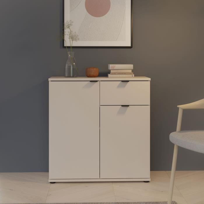 Petit meuble de rangement- buffet - GANYMEDE - 2 portes - 1 tiroir - Sable - 80,1 x 34,1 x 82,3 cm