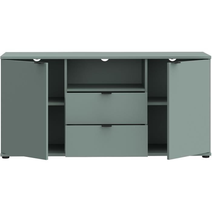 Meuble TV - GANYMEDE - Sauge - 2 portes, 2 tiroirs, 1 niche - 129,8 x 41,3 x 63,1 cm