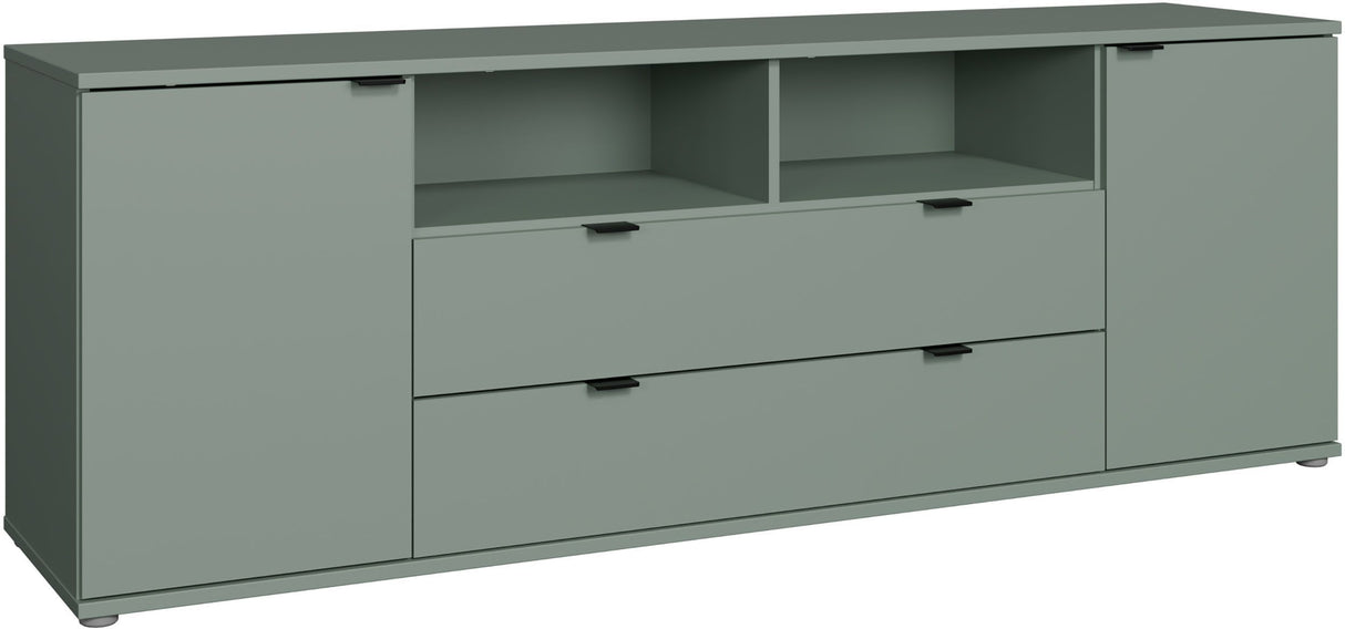 Meuble TV - GANYMEDE - Sauge - 2 portes, 2 tiroirs, 2 niches - 179,8 x 41,3 x 63,1 cm