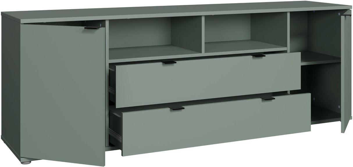Meuble TV - GANYMEDE - Sauge - 2 portes, 2 tiroirs, 2 niches - 179,8 x 41,3 x 63,1 cm