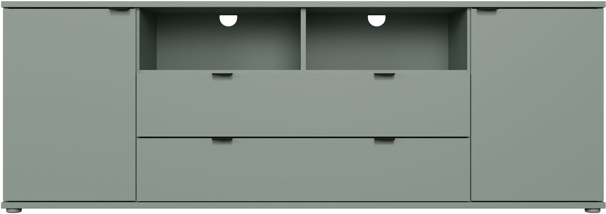 Meuble TV - GANYMEDE - Sauge - 2 portes, 2 tiroirs, 2 niches - 179,8 x 41,3 x 63,1 cm
