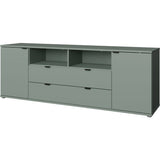 Meuble TV - GANYMEDE - Sauge - 2 portes, 2 tiroirs, 2 niches - 179,8 x 41,3 x 63,1 cm