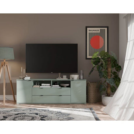 Meuble TV - GANYMEDE - Sauge - 2 portes, 2 tiroirs, 2 niches - 179,8 x 41,3 x 63,1 cm