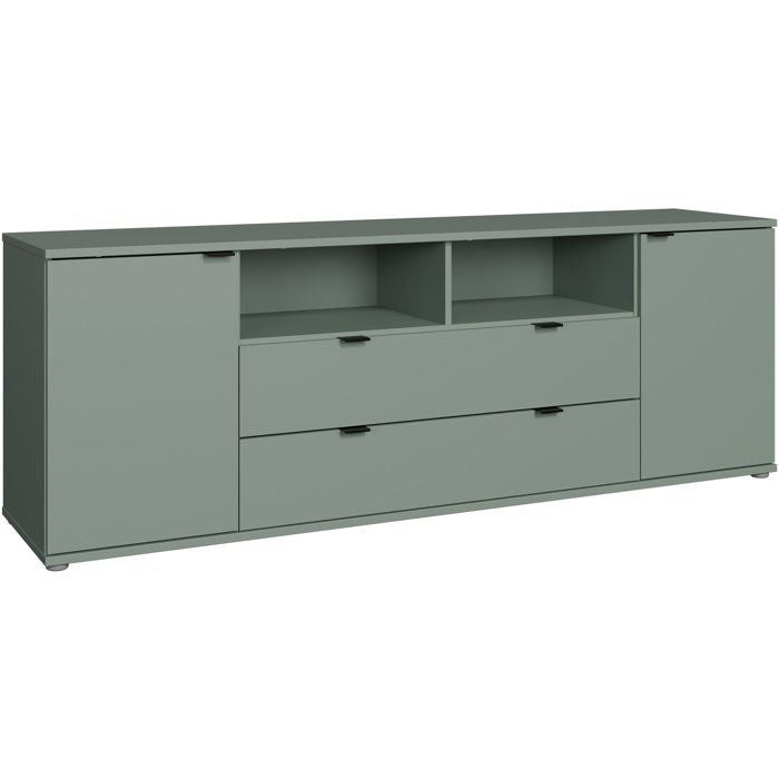 Meuble TV - GANYMEDE - Sauge - 2 portes, 2 tiroirs, 2 niches - 179,8 x 41,3 x 63,1 cm