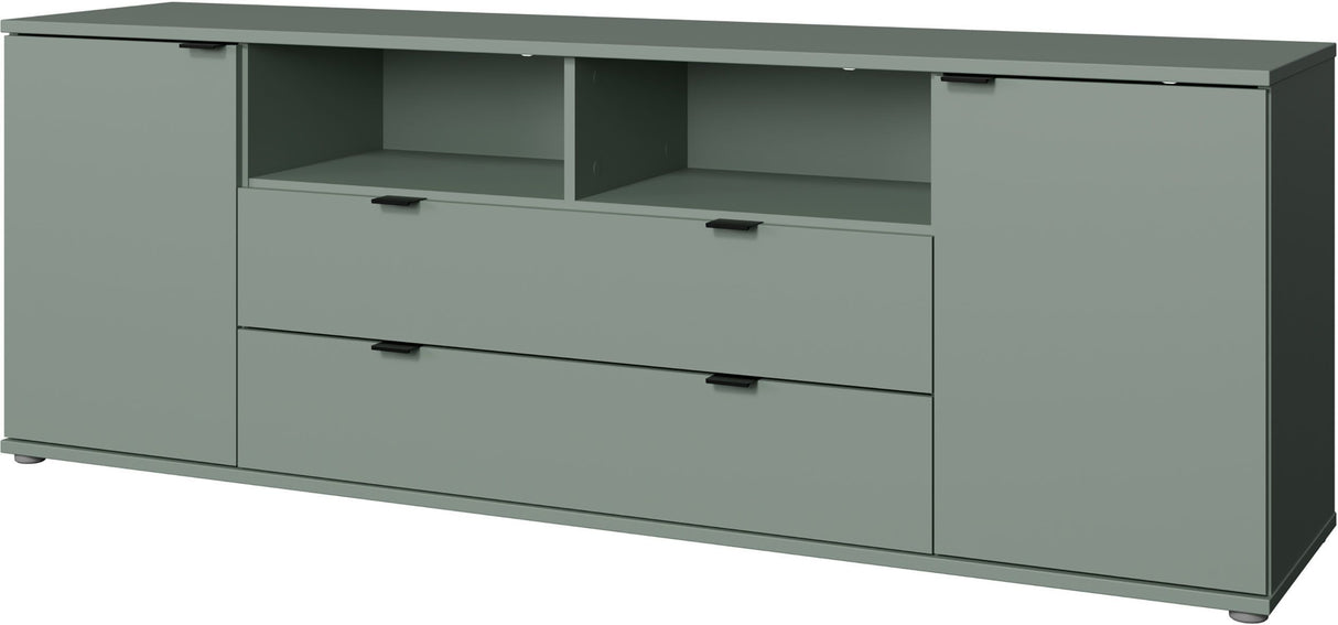 Meuble TV - GANYMEDE - Sauge - 2 portes, 2 tiroirs, 2 niches - 179,8 x 41,3 x 63,1 cm