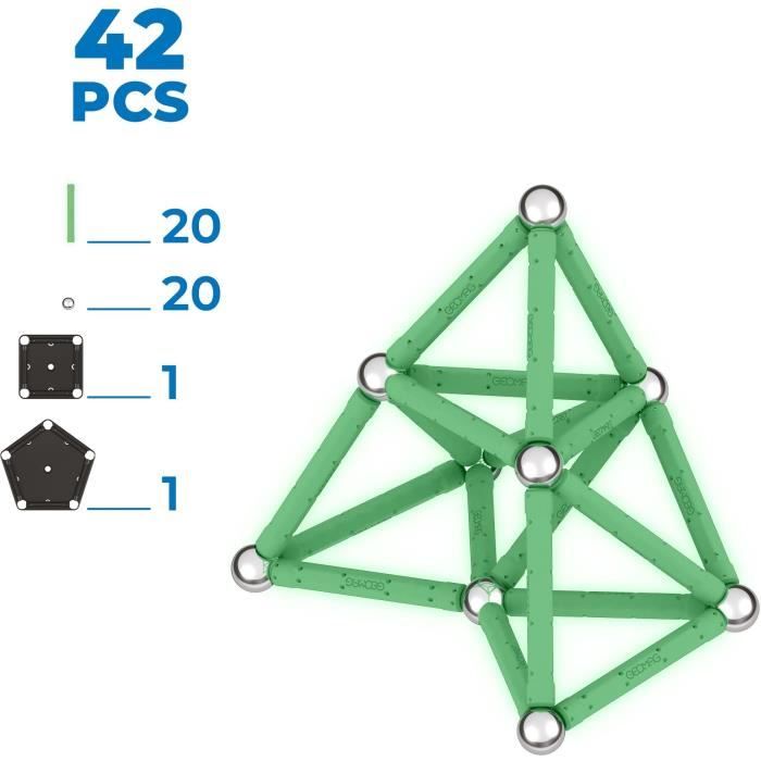 Coffret de construction - GEOMAG - Glow Recycled - 42 pieces - Luminescent - Magnétique - Plastique recyclé