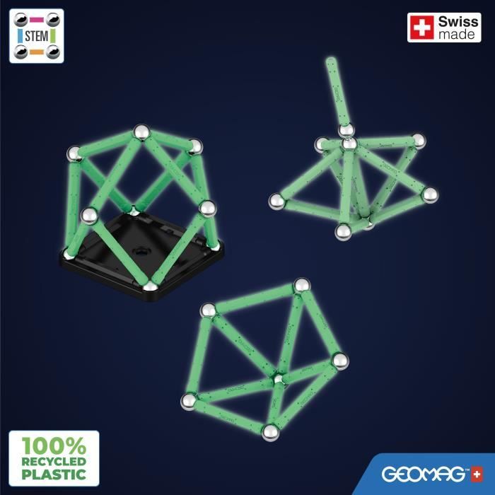 Coffret de construction - GEOMAG - Glow Recycled - 25 pieces - Luminescent - Magnétique - Plastique recyclé