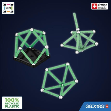 Coffret de construction - GEOMAG - Glow Recycled - 25 pieces - Luminescent - Magnétique - Plastique recyclé