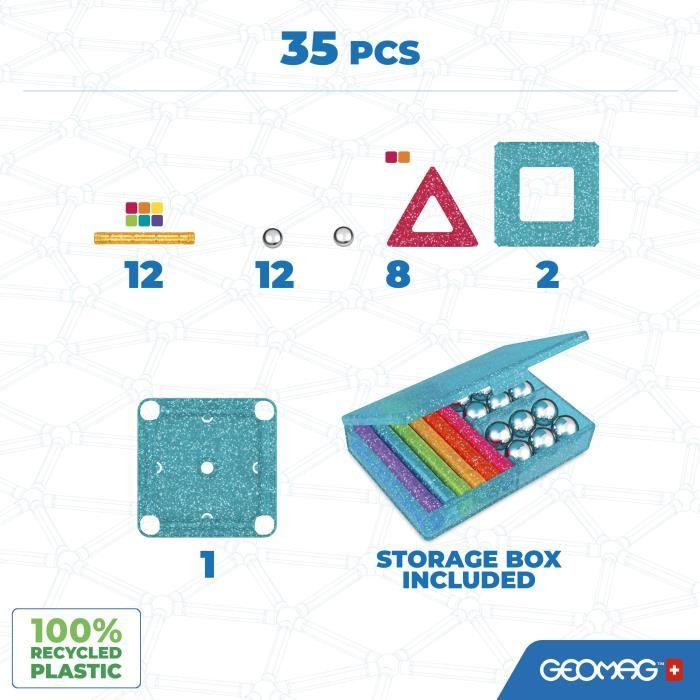 Coffret de construction - GEOMAG - Glitter Panels - 35 pieces - Magnétique - Plastique recyclé