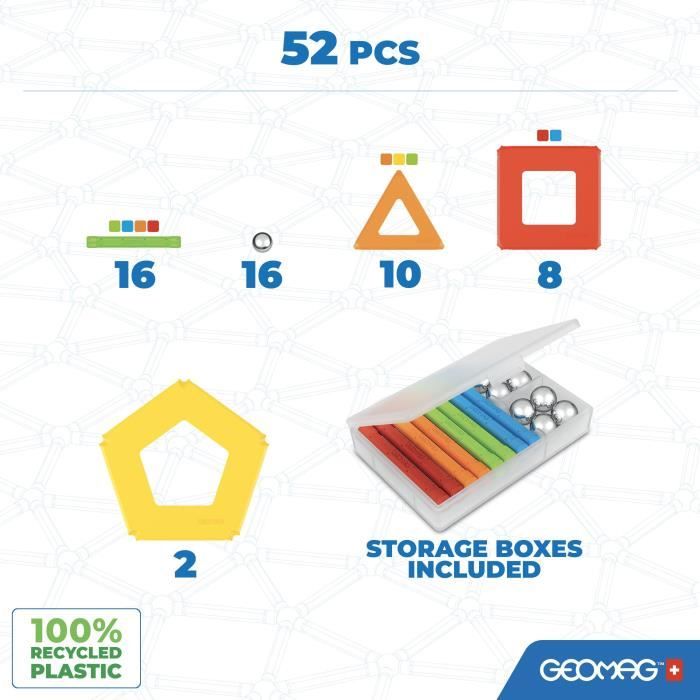 Jeu de construction magnétique - GEOMAG - Supercolor Panels Recycled 52 pieces - Jouet éducatif - 3D - Durable