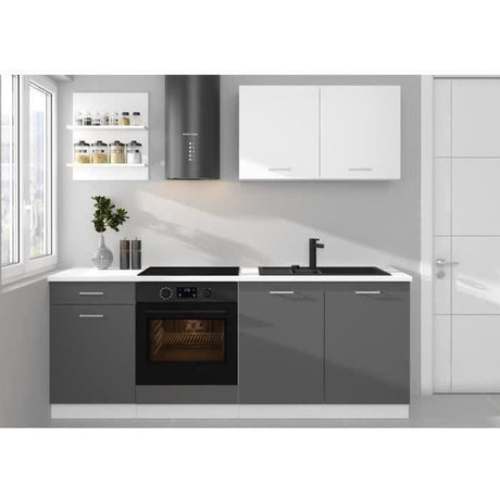 Cuisine complete PREGO - L 210 cm - Décor gris Graphit - Plan de travail 210 cm inclus