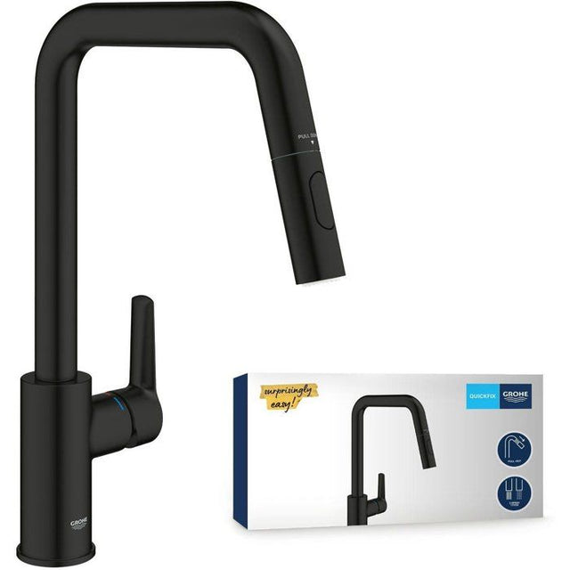 Robinet de cuisine avec douchette GROHE Start bec haut noir mat 2 jets