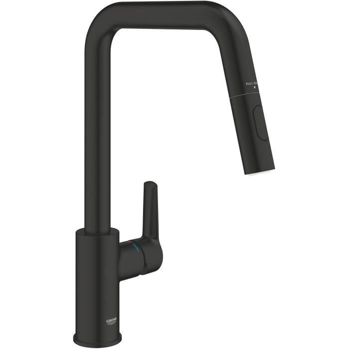 Kitchen faucet - Single-lever sink mixer - Matte black - High U-shaped spout - Pull-out spray - GROHE Start - 306312430