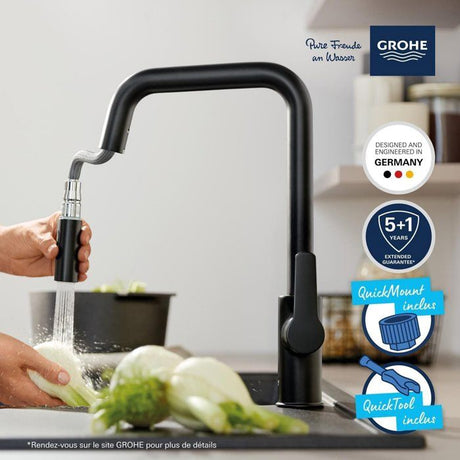 Robinet de cuisine avec douchette GROHE Start bec haut noir mat 2 jets