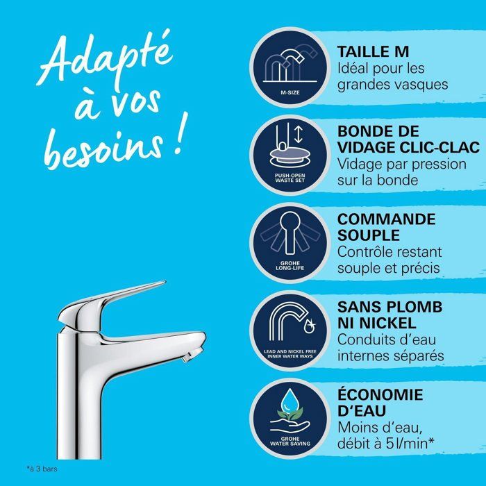 Mitigeur monocommande lavabo - GROHE Swift - 24326001 - Chromé - Taille M - Economie d'eau - Vidage clic clac