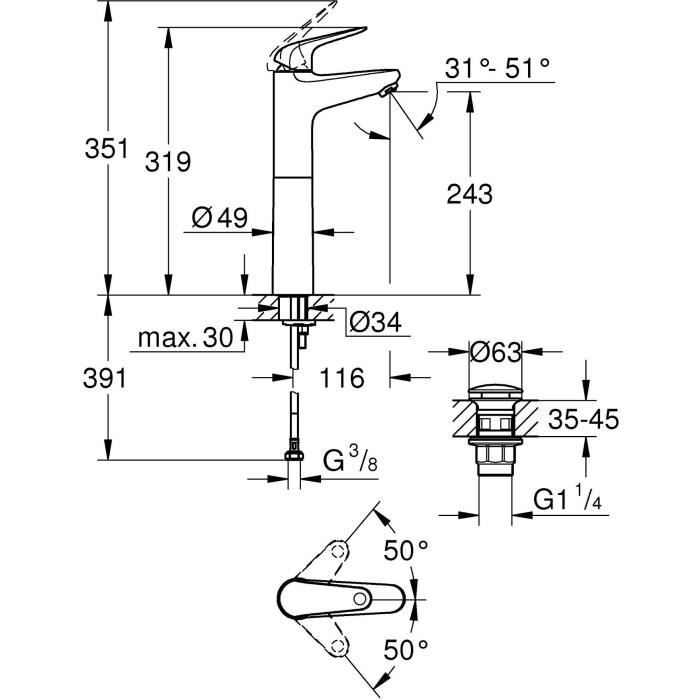 Mitigeur monocommande vasque a poser - GROHE Swift - 24331001 - Chromé - Taille XL rehaussée - Economie d'eau - Vidage clic clac